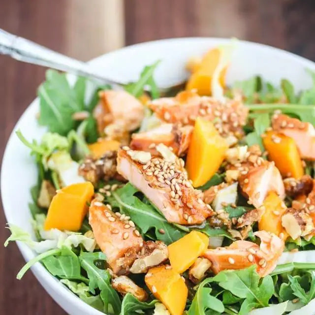 Asian Salmon Arugula Napa Cabbage Mango Salad with Candied Walnuts – KRISPR